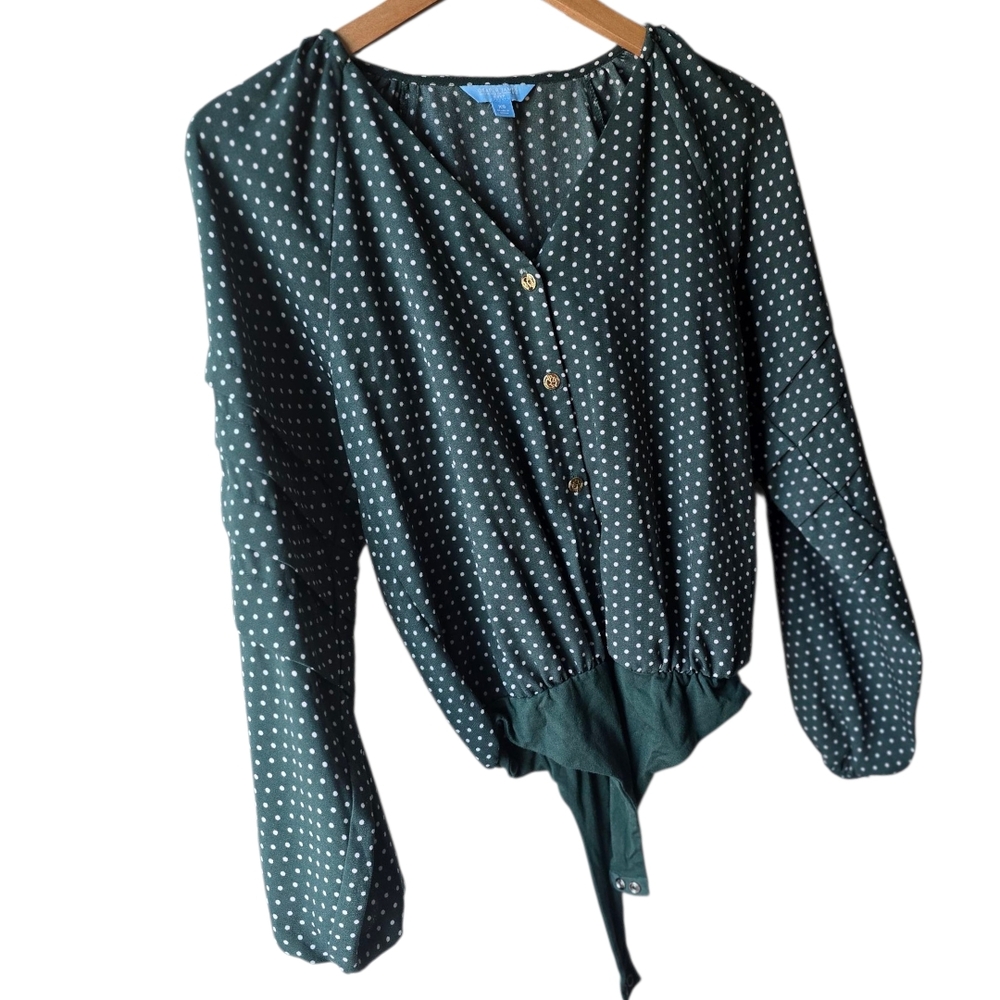 Draper James Dark Green Polka Dot Blouse